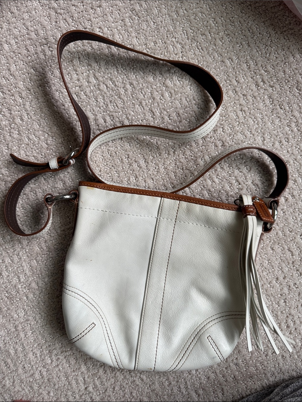 Coach White Leather Crossbody with Brown Trim and Tassel
